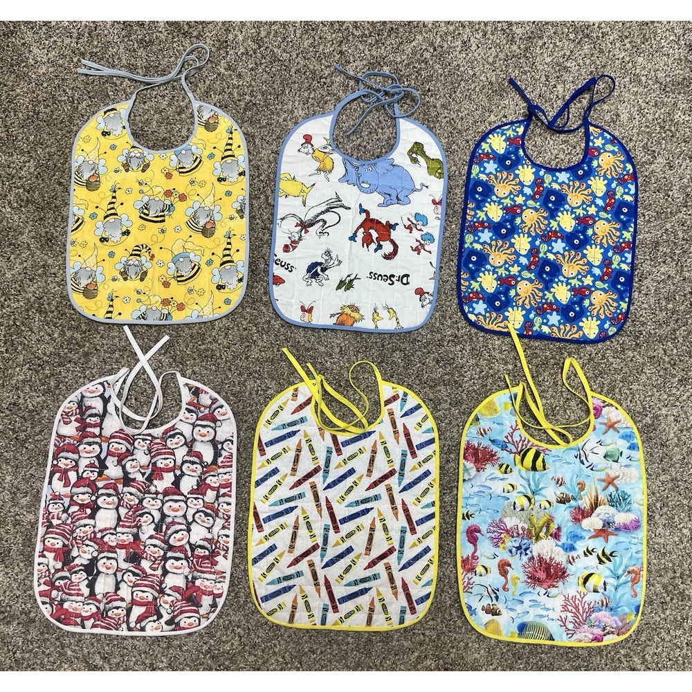 Handmade Baby Bibs Lot 6 Quilted Cotton Dr Seuss Gnome Penguin Ocean Crayon